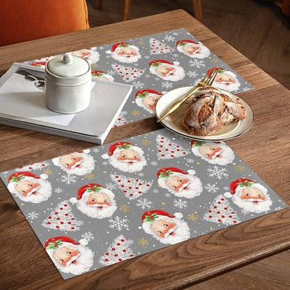 Grey Christmas Placemats Set of 4, Santa Claus Merry Christmas Tree Heat Resistant Washable Table Place Mats Winter Snowflake Cotton Table Linens Party Holiday Decor for Kitchen Dining Outdoor Indoor