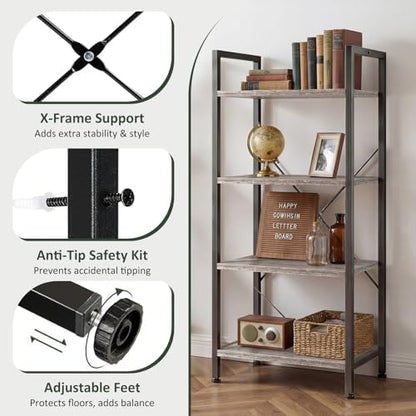 4 Tier Bookshelf, Free Standing Bookcase with Open Storage Shelves