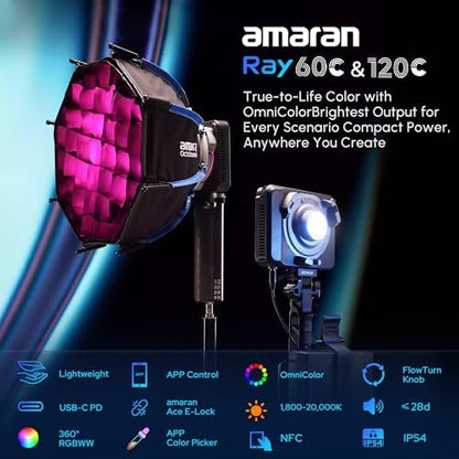 Aputure Amaran Ray 60C Led Portable Video Light,CCT 1,800K-20,000K Photography Light with Softbox Portable Bag (60W)