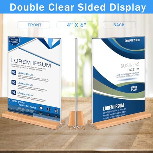 Kersally Acrylic Sign Holder 4 x 6, 4 Pack Double-Sided Clear Table Display Stands with Wood Base,Vertical Acrylic Frame Menu Flyer Paper Holder for Stores, Restaurants, Hotels, Office, Show Fair