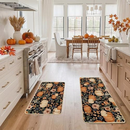 Baccessor Fall Kitchen Rugs Set of 2, Pumpkin Floral Kitchen Mats for Floor Washable Low-Profile Farmhouse Autumn Holiday Home Indoor Outdoor Decor 17x29 and 17x47 Inch