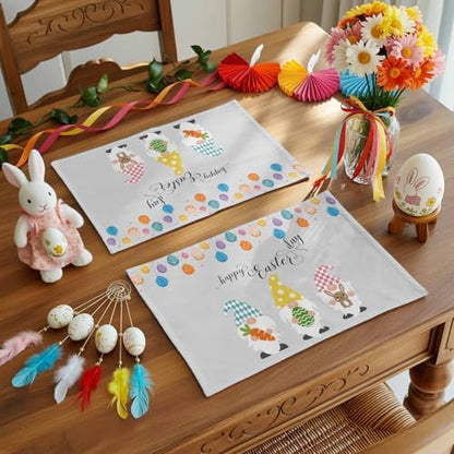 Vandarllin Happy Easter Gnomes Placemats Set of 6,Heat Resistant Cotton Linen,Carrrot Rabbit Bunny Colorful Eggs Table Mats Washable Spring Holidays Placemat Decoration for Kitchen Dining Table