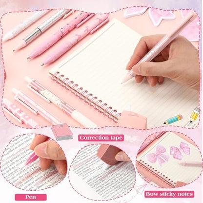 Eersida 58 Pcs Bow School Supplies Set, Pink Pencil Pouch Pens