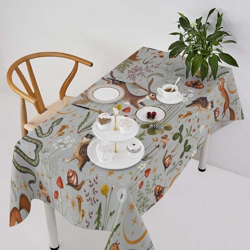 Woodland Animal Tablecloth, Grey Country Forest Hare Squirrel Owl Snake Snail Flowers Mushroom Print Table Cover for Picnic Party Holiday Home Kitchen Dining Table Decor 55x75in