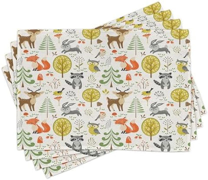 Lunarable Animals Place Mats Set of 8, Woodland Forest Animals Trees Birds Owls Fox Bunny Deer Raccoon Mushroom Print, Washable Fabric Placemats for Dining Table, Placemat 8 pcs, Brown Orange