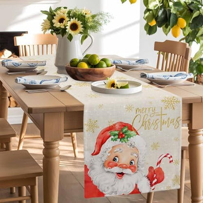 Merry Christmas Table Runner Dresser Scarf 13 x 108 Inch Red Santa Claus Leaf Winter Snowflake Linen Table Runners Non-Slip Heat Resistant Kitchen Dining Table Decor for Home Holidays Indoor Outdoor