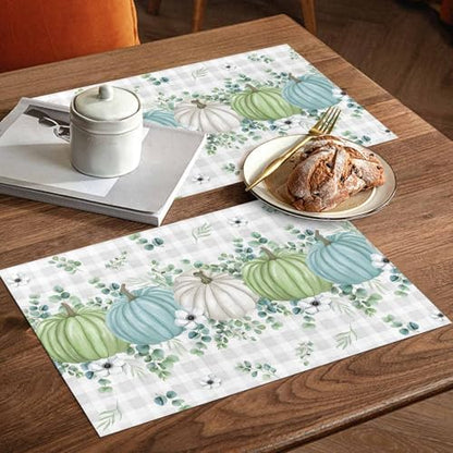 Fall Thanksgiving Placemats Set of 6, Autumn Pumpkins Eucalyptus Leaves Heat Resistant Dining Table Mats Fall Holiday Farmhouse Decor for Kitchen&Linens Outdoor Indoor, White Blue Green Gray Plaid
