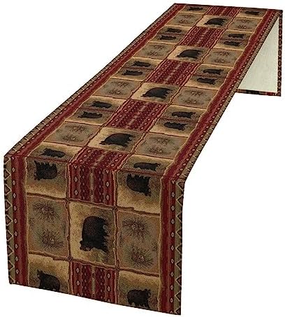 Rustic Bear Table Runner, Retro Vintage Bear Country Cabin Cottage Pine Tree Dinner Table Decoration for Home Kitchen Dining 13"x36"