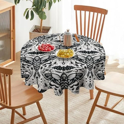 Boho Moth Tablecloth, Gothic Mysterious Halloween Black White Death Butterfly Bat Witch Print Table Cloth for Kitchen Dining Picnic Party Restaurant Decoration, 50x50in