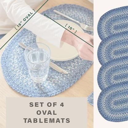 Homespice Denim Braided Table Mats for Coastal Decor, Oval 10x15 Set of 4