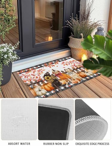 Fall Door Mat Orange Pumpkin Dog Doormat Bow Puppy Maple Leaves Fence Plaid Harvest Thanksgiving Welcome Mat Non Slip Entryway Front Rug Floor Mat for Indoor Outdoor Kitchen Autumn Holiday Decor 24x36