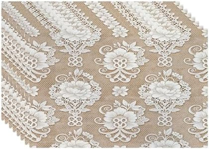 Batmerry Floral Linen Placemats Set of 8, Template White Lace Background Washable Table Mats for Kitchen Table Thickened Heat Insulation Dining Set Indoor Outdoor 12X18 in