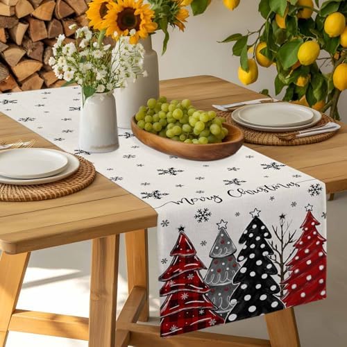 Red Black Christmas Tree Table Runner Dresser Scarf 13 x 72 Inch Polka Dots Xmas Tree Snowflake Linen Table Runners Non-Slip Heat Resistant Kitchen Dining Table Decor for Home Holidays Indoor Outdoor