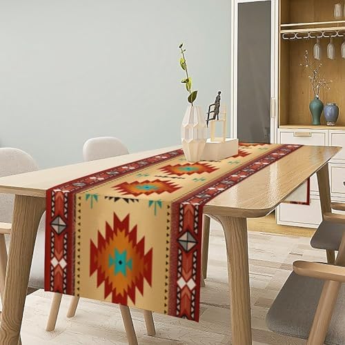Aztec Southwest Table Runner, Ethnic Style Geometric Triditional Kitchen Table Runners Table Setting Decor for Garden Farmhouse Wedding Party Holiday Dinner Home, 13x108 Inch