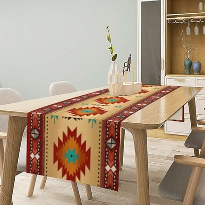 Aztec Southwest Table Runner, Ethnic Style Geometric Triditional Kitchen Table Runners Table Setting Decor for Garden Farmhouse Wedding Party Holiday Dinner Home, 13x90 Inch