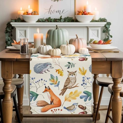 Fall Table Runner Autumn Animal Table Runners Harvest Thanksgiving Owl Bird Fox Leaves Cotton Linen Dresser Scarf Kitchen Dining Table Decor for Autumn Holiday Party Coffee 13x72 Inch