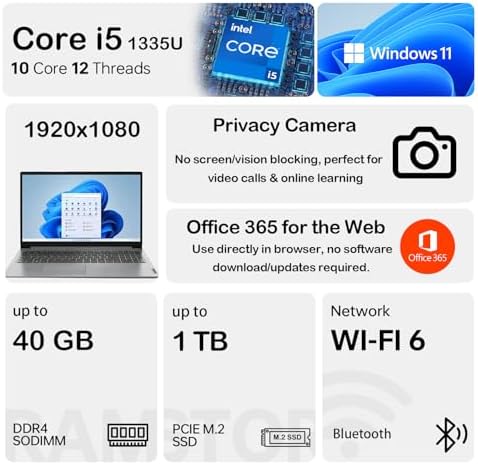 Lenovo IdeaPad Eco-Friendly Slim Laptop, 15.6" FHD Business and Student, Office 365 for The Web, Intel 10-Core i5-1335U(Beat Ryzen 7 7730U), 16GB RAM, 256GB SSD, Wi-Fi 6, Privacy Camera, Win11 Home