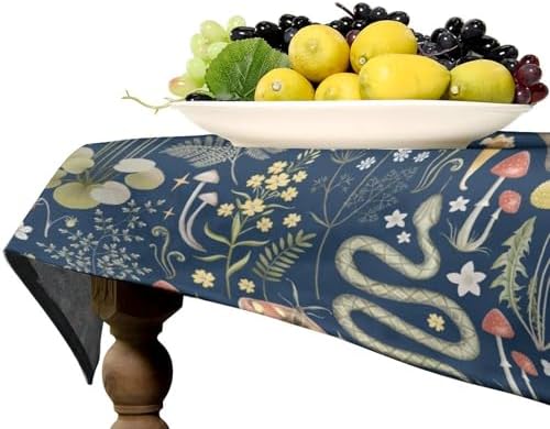 Fairy Forest Tablecloth, Retro Dark Blue Woodland Wildlife Owl Squirrel Print Rustic Flowers Mushrooms Table Cloth for Outdoor Picnic Home Dining Kitchen Table Decor 60x90in