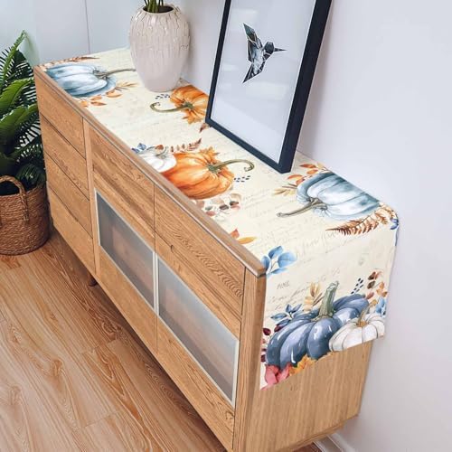 Fall Pumpkin Table Runner Dresser Scarf 16 x 72 Inch Blue Orange Maple Leaf Rustic Table Runners Non-Slip Heat Resistant Kitchen Dining Table Decor for Autumn Thanksgiving Holidays Indoor Outdoor