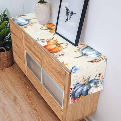 Fall Pumpkin Table Runner Dresser Scarf 16 x 72 Inch Blue Orange Maple Leaf Rustic Table Runners Non-Slip Heat Resistant Kitchen Dining Table Decor for Autumn Thanksgiving Holidays Indoor Outdoor