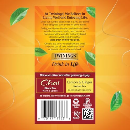 Twinings French Vanilla Chai Black Tea Individually Wrapped Bags, 20 Count (Pack of 6), Warm, Sweet & Spicy, Caffeinated, Enjoy Hot or Iced, 120 Teabags