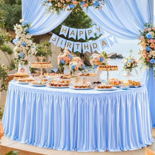 Wish Care 21ft Baby Blue Satin Long Table Skirt for Rectangle Tables Wrinkle Free Teacher Desk Skirt Glitter Ruffle Table Skirting Cloth for Back to School Classroom Office Birthday Party Table Decor