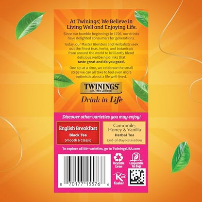 Twinings English Afternoon Black Tea Individually Wrapped Bags, 20 Count (Pack of 1), Smooth & Slightly Sweet, Caffeinated, Enjoy Hot or Iced, 20 Teabags