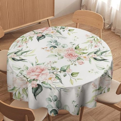 Pink Flowers Tablecloth, Watercolor Sage Green Eucalyptus Leaves Branches Floral Print Table Cloth for Picnic Party Dining Room Home Decor, 36x36in