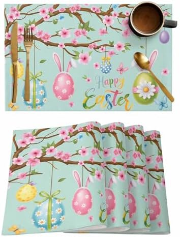 Happy Easter Placemats Set of 4, Spring Floral Bunny Rabbit Ear Eggs Heat Resistant Dining Table Mats Holiday Farmhouse Decor for Kitchen&Linens Outdoor Indoor, Pink Flower Branch Green Leaves
