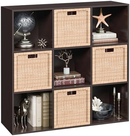 9 Cube Storage Organizer Wooden Display Storage Shelf W/5 Removable Back Panels&11 inch Opening Shelf, Customizable Cubby Bookcase Cabinet Bookshelves for Office, Living Room and Bedroom, Dark Brown