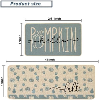 Baccessor Fall Kitchen Rugs Set of 2, Blue Pumpkin Kitchen Mats for Floor Washable Low-Profile Farmhouse Autumn Holiday Home Indoor Outdoor Decor 17x29 and 17x47 Inch