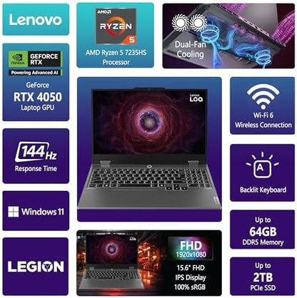 Lenovo LOQ Gaming Laptop | 15.6" FHD IPS 144Hz (100% sRGB G-SYNC) | AMD Ryzen 5 7235HS | 32GB DDR5 1TB SSD | NVIDIA GeForce RTX 4050 6GB | Backlit Wi-Fi 6 Privacy Camera Win11 w/DLCA Accessory