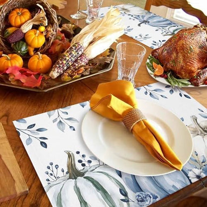 Fall Placemats Set of 6, White Blue Pumpkin Place Mats Blue Eucalyptus Leaves Tablemats Harvest Thanksgiving Placemat Table Decoration for Kitchen Table Holiday Dinner Party Autumn Home Decor