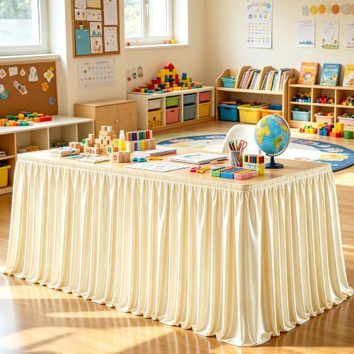 Wish Care 17ft Champagne Satin Long Table Skirt for Rectangle Tables Wrinkle Free Teacher Desk Skirt Glitter Ruffle Table Skirting Cloth for Back to School Classroom Office Birthday Party Table Decor