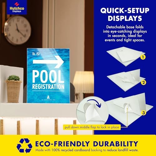 Paper Sign Holder (11 x 8.5 Inches) Plastic Countertop Display w/Shatterproof (No Acrylic) Clear Design & Cardboard Easel Back Tabletop Slant Support for Stackable Lightweight Portable by Hutchco