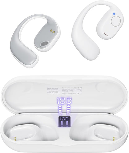 PSIER Open Ear Bluetooth Headphones, 40 Hours Playtime Bluetooth 5.3 Wireless Sports Earbuds with Digital Display Charging Case, White