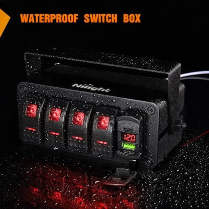 Nilight 4 Gang Rocker Switch Box w/Voltmeter PD Type C and USB Socket
