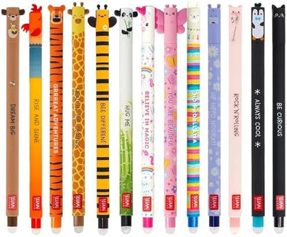 LEGAMI - Set of 13 Erasable Gel Pens with Thermosensitive Erase Ink, coloured ink & fun novelty barrel designs, 0.7mm Tip, Animal Designs, Panda, Llama, Unicorn, etc.