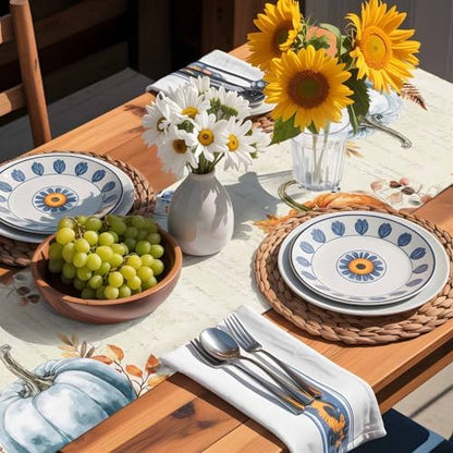 Fall Orange Blue Pumpkin Table Runner Dresser Scarf 13 x 60 Inch Eucalyptus Leaf Retro Thanksgiving Table Runners Non-Slip Heat Resistant Kitchen Dining Table Decor for Autumn Holidays Indoor Outdoor