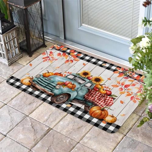 Fall Door Mat Harvest Pumpkin Teal Truck Doormat Sunflower Maple Leaves Wood Plaid Harvest Thanksgiving Welcome Mat Non Slip Entryway Front Rug Floor Mat for Indoor Outdoor Kitchen Autumn 18x30