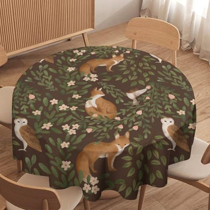 Woodland Animals Tablecloth, Rustic Forest Fox Owl Bird Green Plants Leaves Print Table Cover for Farmhouse Kitchen Dinning Indoor Outdoor Party Decor, 60x60in