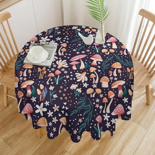 Retro Mushroom Tablecloth, Cartoon Forest Mushroom Florals Leaves Woodland Garden Table Cloth for Kitchen Dining Coffee Table Outdoor Party Decor, 60x60in