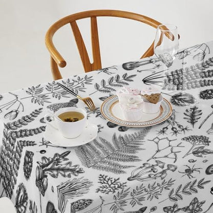 Vintage Mushroom Tablecloth, Black White Nature Forest Fern Leaves Autumn Plants Botanical Print Table Cover for Home Dining Decor Kitchen Party Outdoor 55x75in