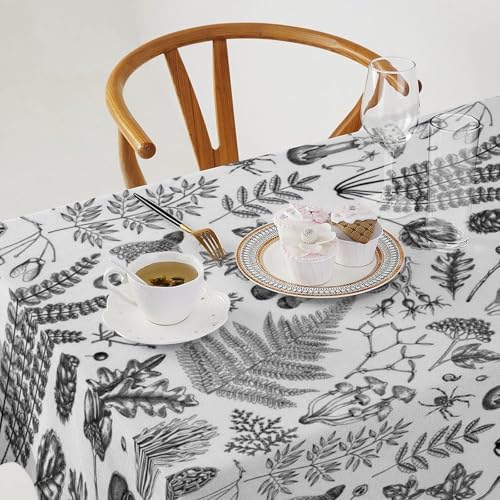 Vintage Mushroom Tablecloth, Black White Nature Forest Fern Leaves Autumn Plants Botanical Print Table Cover for Home Dining Decor Kitchen Party Outdoor 60x90in