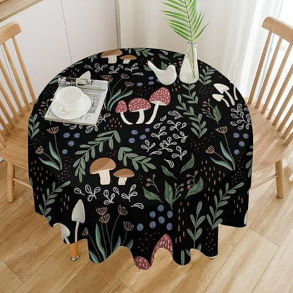 Mushroom Tablecloth, Cartoon Green Leaves Mushroom Wildflower Plant Botanical Herb Nature Garden Print Table Cloth for Home Kitchen Outdoor Party Picnic Wedding Decor, 60x60in