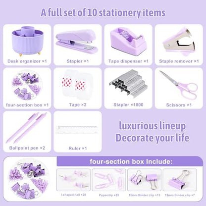 Gawsey Purple Desk Organizers and Accessories with Desk Organizer 360° Rotating Pen Holder and Office Supplies, Cute Stationery Supplies Set