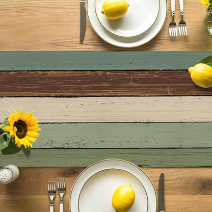 Green Brown Wood Grain Table Runner Dresser Scarf 13 x 108 Inch Vintage Mottled Board Striped Farm Table Runners Non-Slip Heat Resistant Kitchen Dining Table Decor for Home Holidays Indoor Outdoor