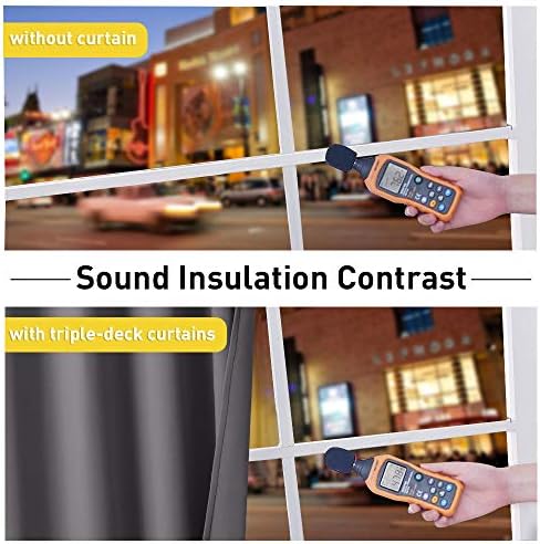 NICETOWN 3-in-1 Dampen Noise Blackout Thermal Reducing Curtains, Heavy Full Light Shading Drapes with Detachable Liner for Villa/Hall/Dorm Window（Gray, Package of 2, 52 inches Wide x 90 inches Long