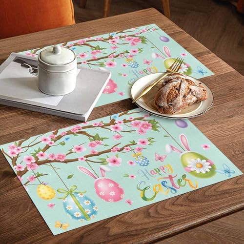 Happy Easter Placemats Set of 4, Spring Floral Bunny Rabbit Ear Eggs Heat Resistant Dining Table Mats Holiday Farmhouse Decor for Kitchen&Linens Outdoor Indoor, Pink Flower Branch Green Leaves