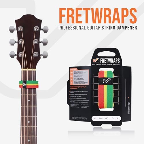 Gruv Gear Fret Wrap & Guitar Mute, Fretwrap for Acoustic, Electric & Bass | String Dampener Recording, Tapping & Practice Accessory (1 Pack, Large Red/Yellow/Green, Fits 6 String Bass, 8 String